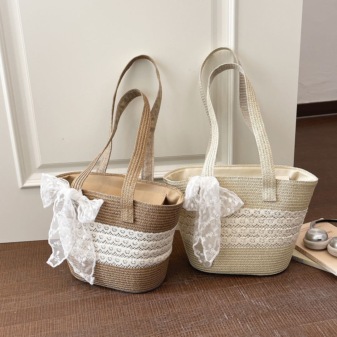 Damen elegante Basttasche mit romantischem Spitzenakzent Nord Taschen