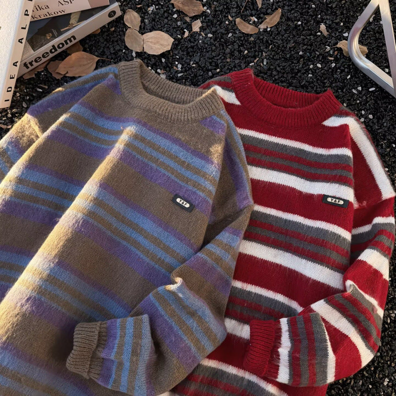 Unisex Gestreifter Oversize-Mohair‑Optik Pullover mit Rundhals und weicher Struktur Nord Taschen