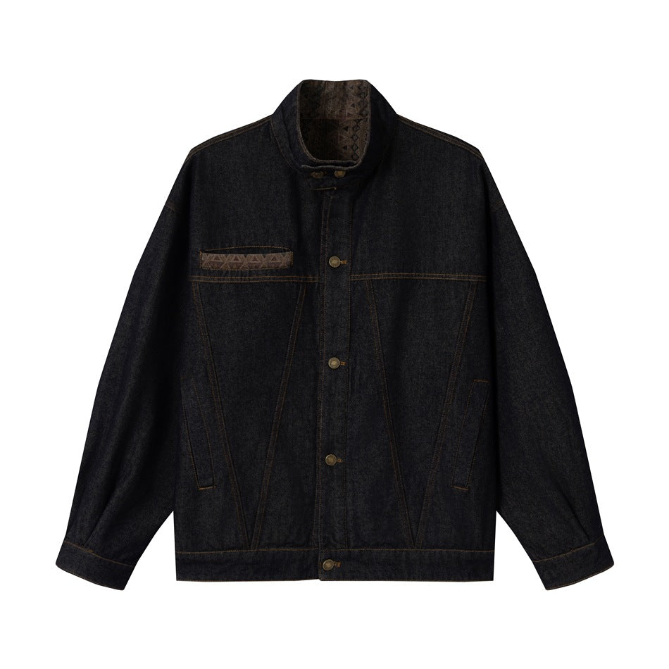 Unisex Boxy-Jeansjacke mit hohem Stehkragen und gewebten Besätzen Nord Taschen