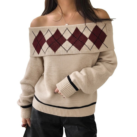 Damen Lässiger Strickpullover mit Off-Shoulder Design Nord Taschen