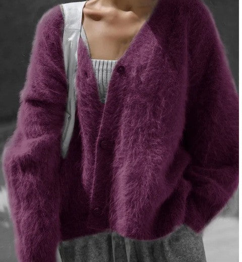 Damen Flauschige Mohair-Optik Strickjacke mit V-Ausschnitt und Oversize-Schnitt Nord Taschen