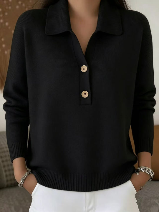 Damen lässiger Feinstrickpullover mit Polokragen und Zwei-Knopf-Leiste Nord Taschen