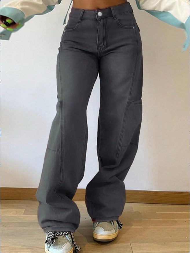 Damen High-Waist weite Cargo-Denimhose mit Nahtpaneelen und Baggy-Silhouette Nord Taschen