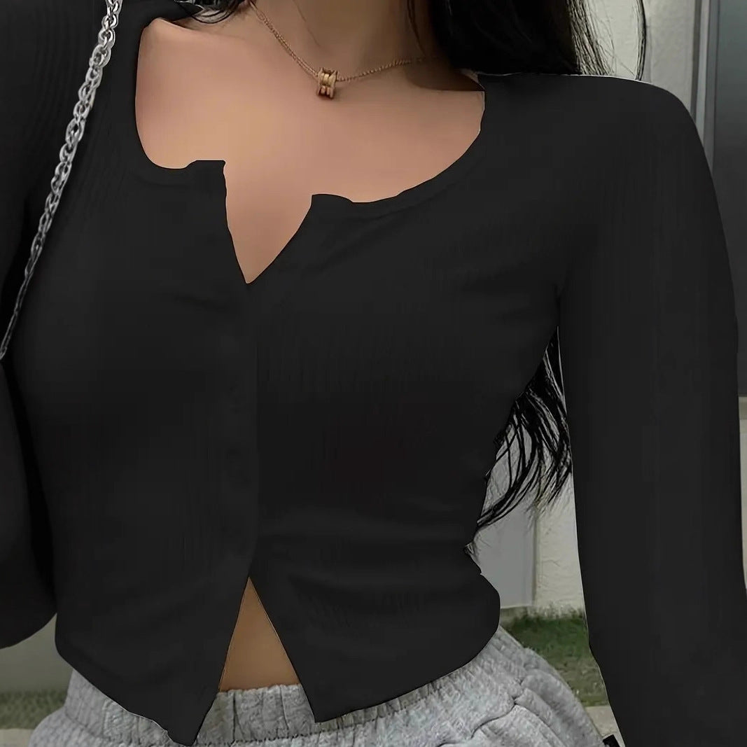 Damen Figurbetonter gerippter Cropped-Cardigan mit V-Ausschnitt und Knopfleiste Nord Taschen