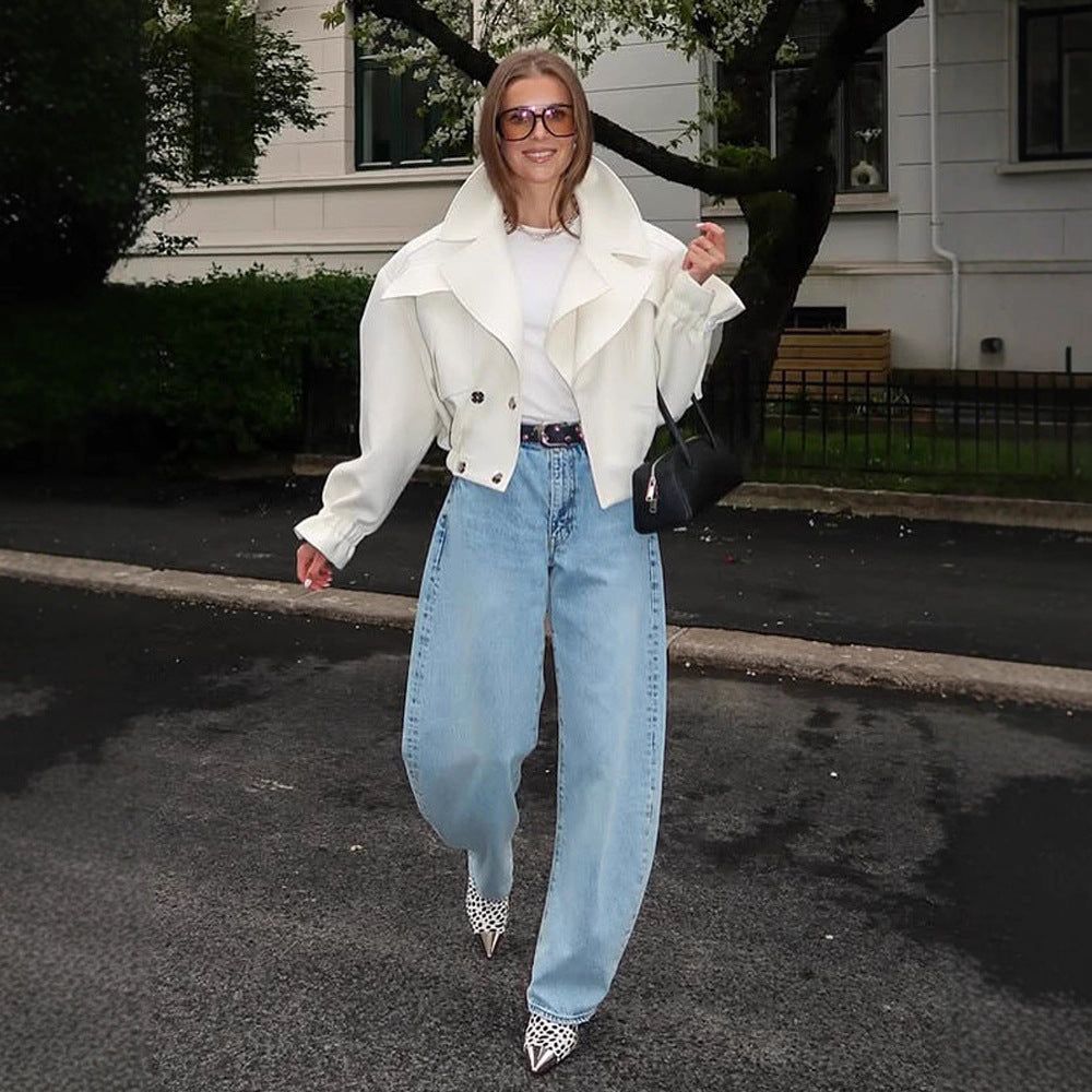 Damen Oversize-Boxy-Blouson mit voluminösen Ärmeln und hochgeschnittener Bundfaltenhose Nord Taschen