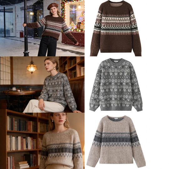Damen Oversize Mohair-Mix Pullover mit Rundhals und Fair-Isle-Muster Nord Taschen