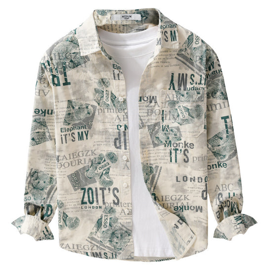 Herren Overshirt aus Baumwoll‑Leinen mit typografischem Zeitungsprint und Relaxed‑Fit Nord Taschen