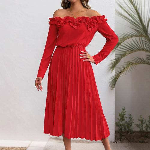 Damen Elegantes Off-Shoulder Plissee Kleid Nord Taschen