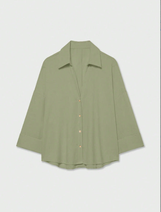 Damen Leichte Oversize Leinenoptik Bluse mit Dreiviertelärmeln und durchgehender Knopfleiste Nord Taschen