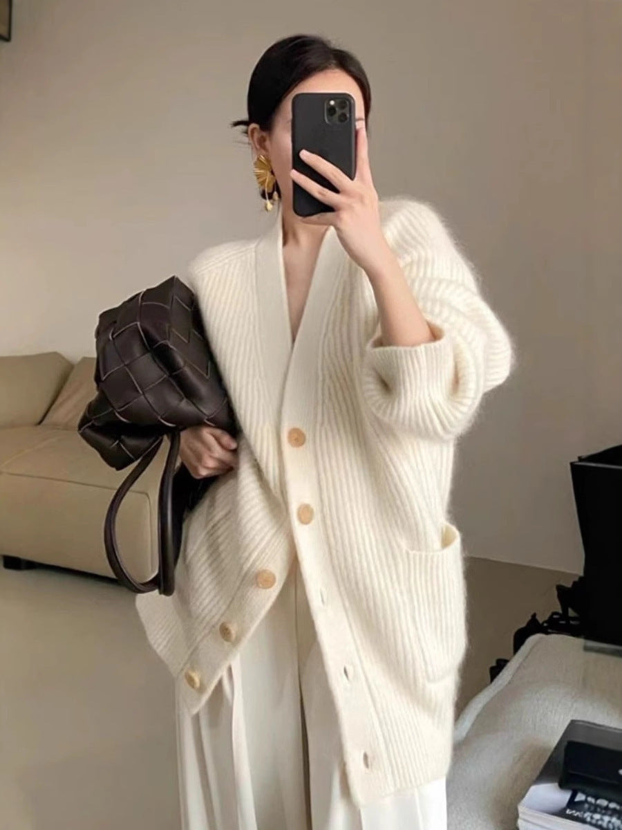 Damen Langer Oversize-Cardigan aus weichem Rippstrick mit Holzknopfleiste Nord Taschen