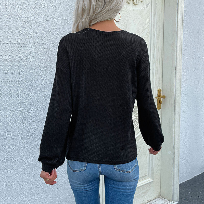 Damen Waffelstrick-Longsleeve mit Spitzen‑Yoke und V‑Einsatz Nord Taschen