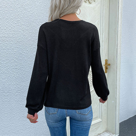 Damen Waffelstrick-Longsleeve mit Spitzen‑Yoke und V‑Einsatz Nord Taschen