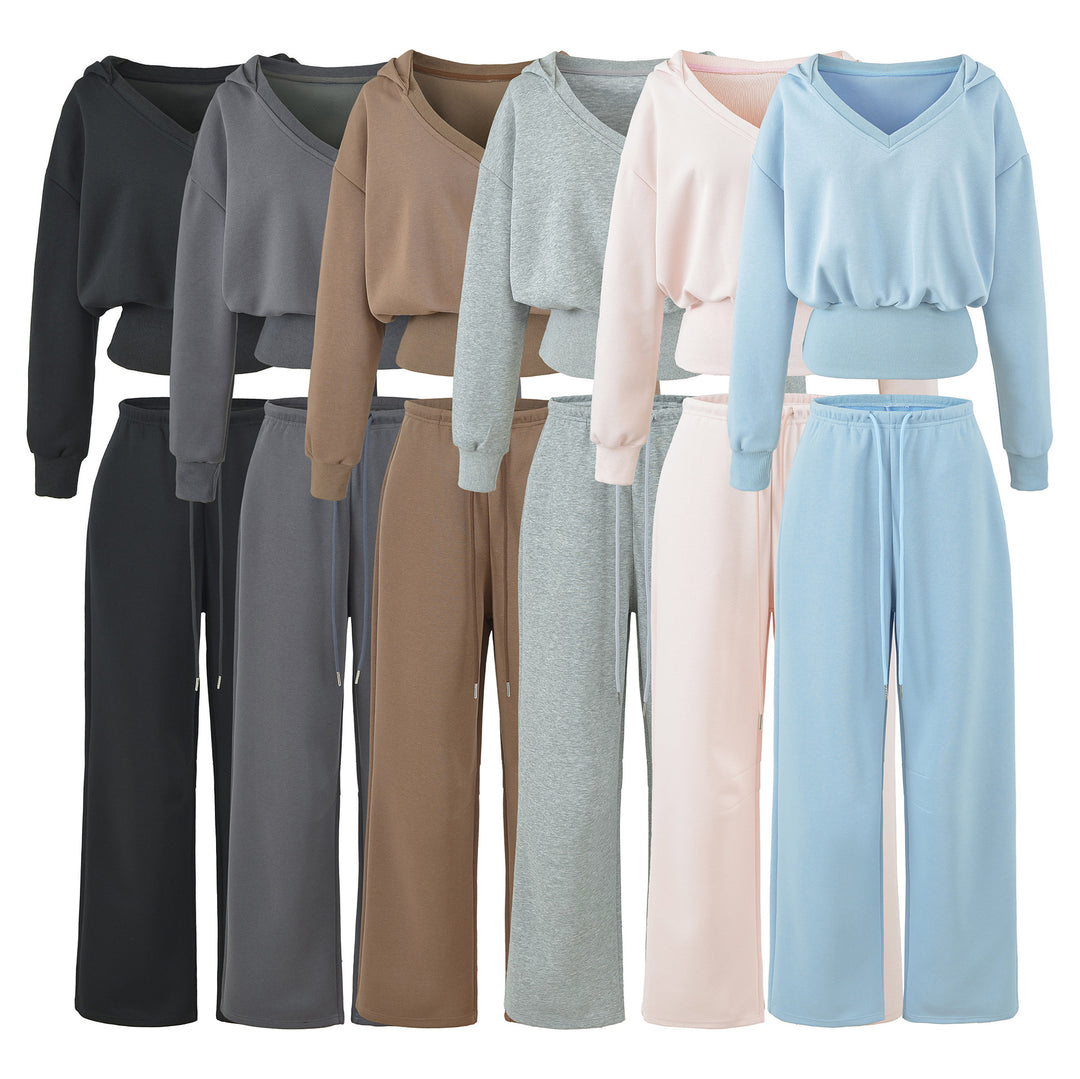 Damen Komfort-Lounge-Set mit kurzem V-Kapuzenpullover und hochgeschnittenen Weitbein-Joggern Nord Taschen
