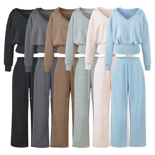 Damen Komfort-Lounge-Set mit kurzem V-Kapuzenpullover und hochgeschnittenen Weitbein-Joggern Nord Taschen