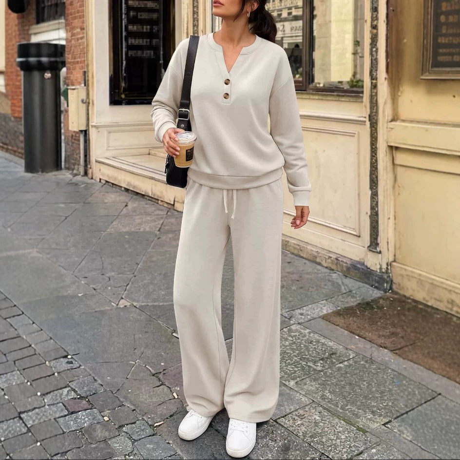 Damen Lounge-Set mit Henley-Kragen und palazzoweiter Jogginghose Nord Taschen
