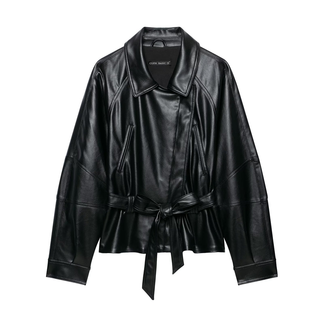 Damen Taillierter Kunstleder-Blazer mit Bindegürtel und Schalkragen Nord Taschen