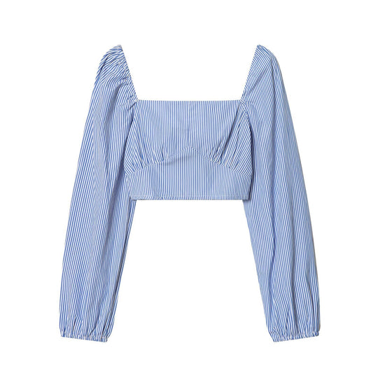Damen Gestreifte Cropped‑Bluse mit quadratischem Ausschnitt und weiten Ballonärmeln Nord Taschen
