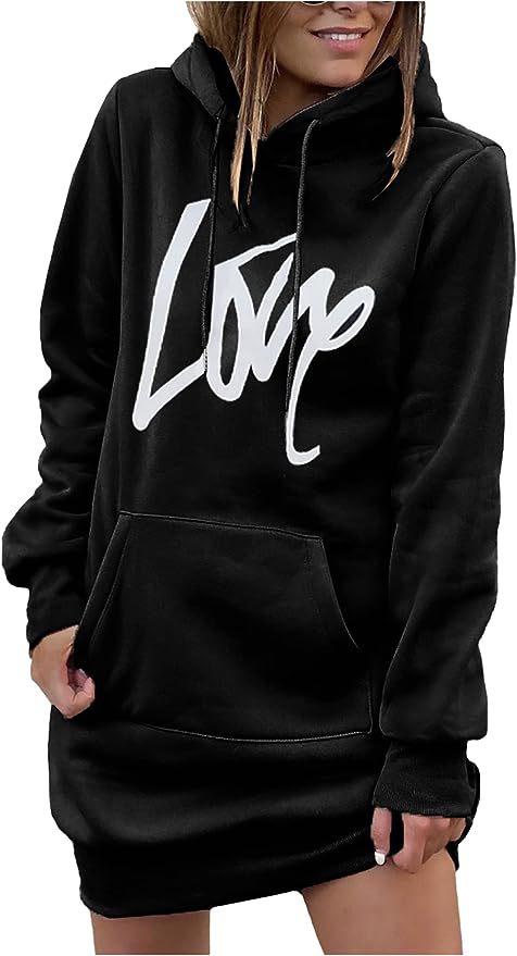 Damen Fleece-Kapuzenkleid mit Kängurutasche, Daumenlochärmeln und Oversize-Sweatshirt-Schnitt Nord Taschen