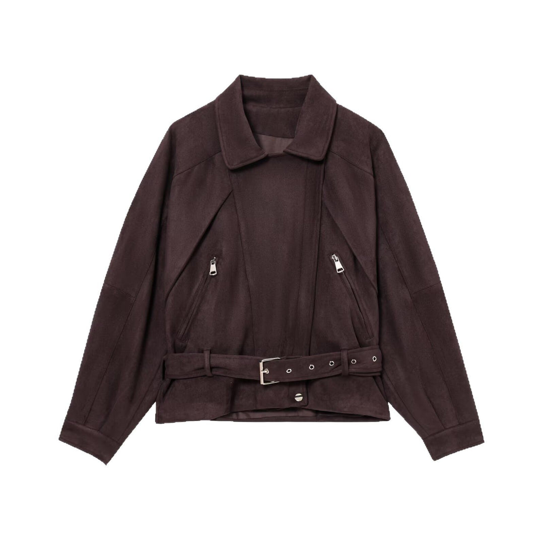 Damen Kurzjacke aus Veloursimitat mit Taillengürtel, kastigem Schnitt und Reißverschlusstaschen Nord Taschen