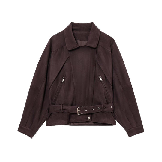 Damen Kurzjacke aus Veloursimitat mit Taillengürtel, kastigem Schnitt und Reißverschlusstaschen Nord Taschen