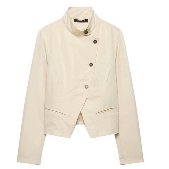 Damen Kurze taillierte Freizeitjacke im Blousonstil mit asymmetrischer Knopfreihe und Stehkragen Nord Taschen