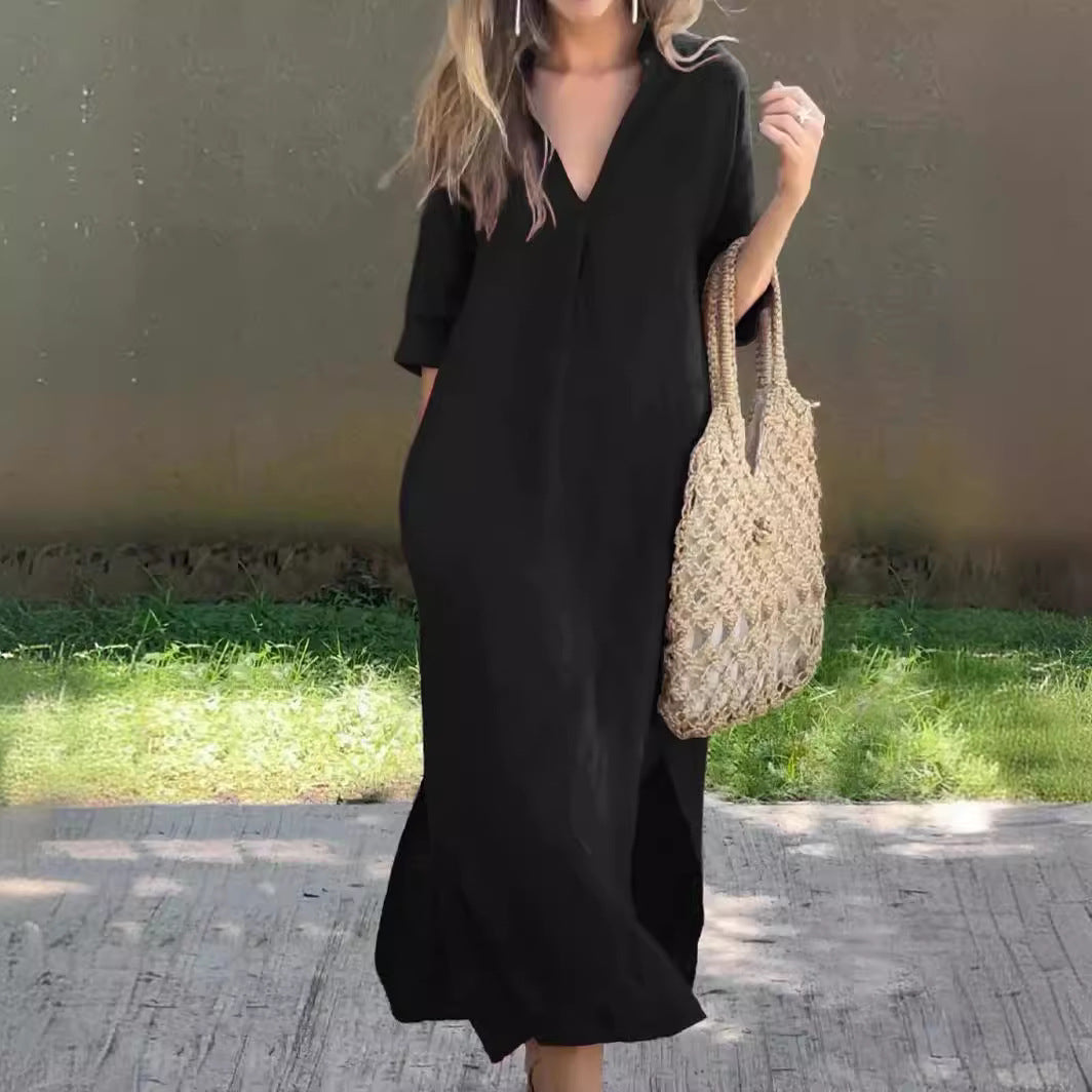 Damen Maxi-Kleid mit eleganter V-Ausschnitt und praktischen Taschen