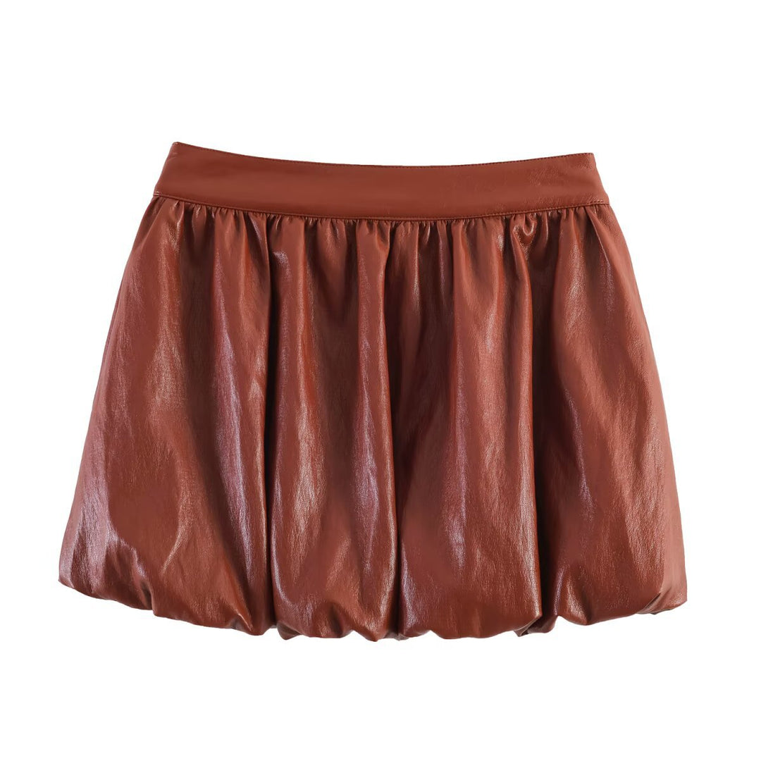 Damen Kurzballonrock aus Kunstleder mit hoher Taille und aufgesetzten Taschen Nord Taschen