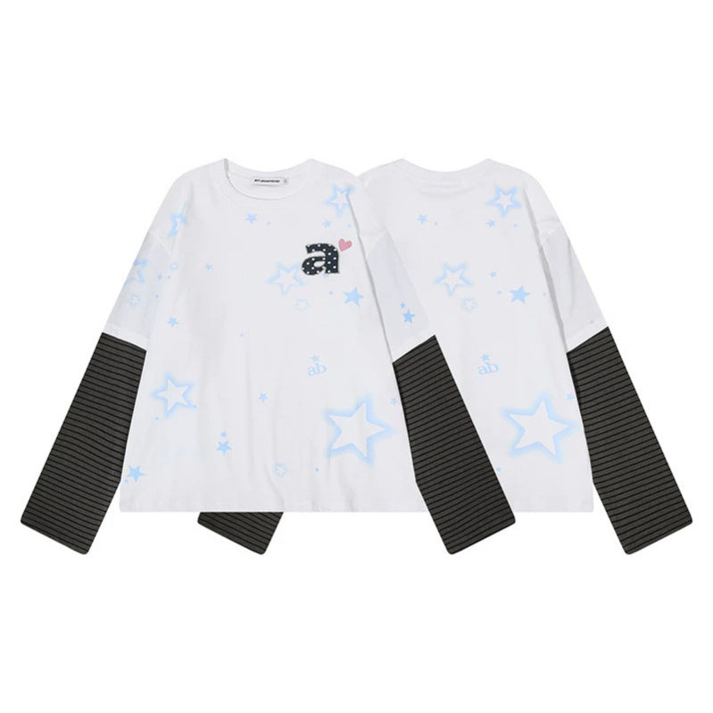 Damen Layered-Langarmshirt mit gestreiften Einsatzärmeln, Stern-Print und Applikation Nord Taschen