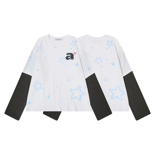 Damen Layered-Langarmshirt mit gestreiften Einsatzärmeln, Stern-Print und Applikation Nord Taschen