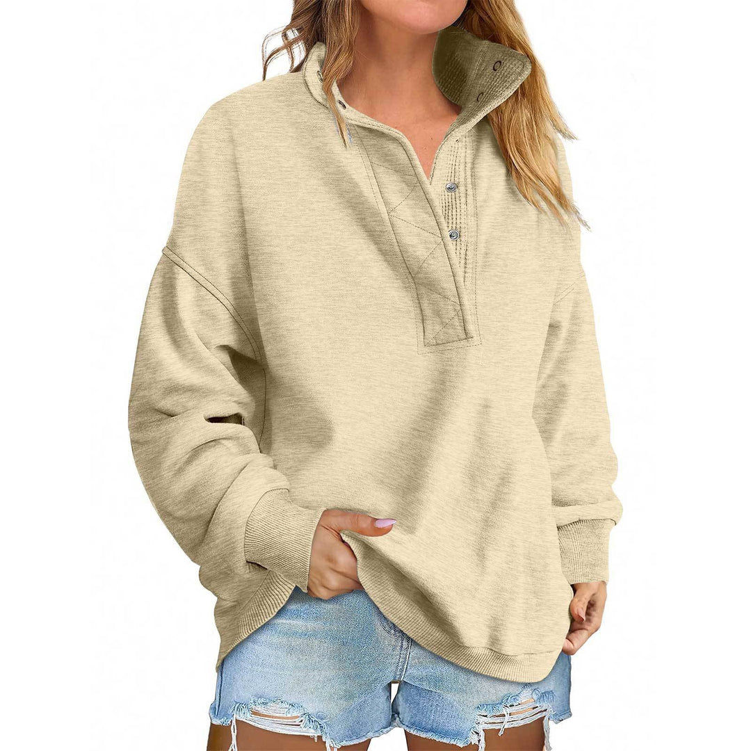 Damen Oversize-Henley-Sweatshirt mit Stehkragen und Druckknopfleiste Nord Taschen