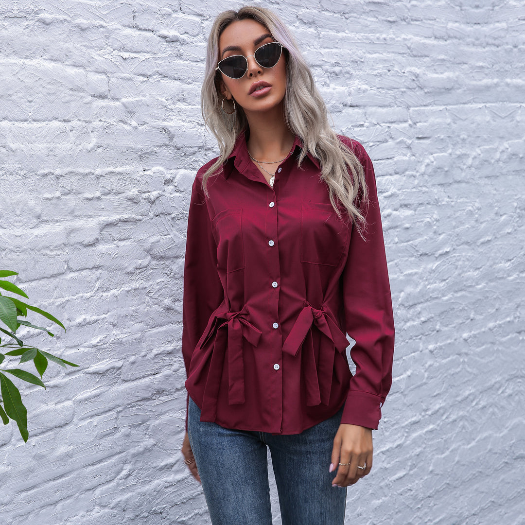 Damen Taillierte Hemdbluse mit Bindegürtel und Brusttaschen Nord Taschen