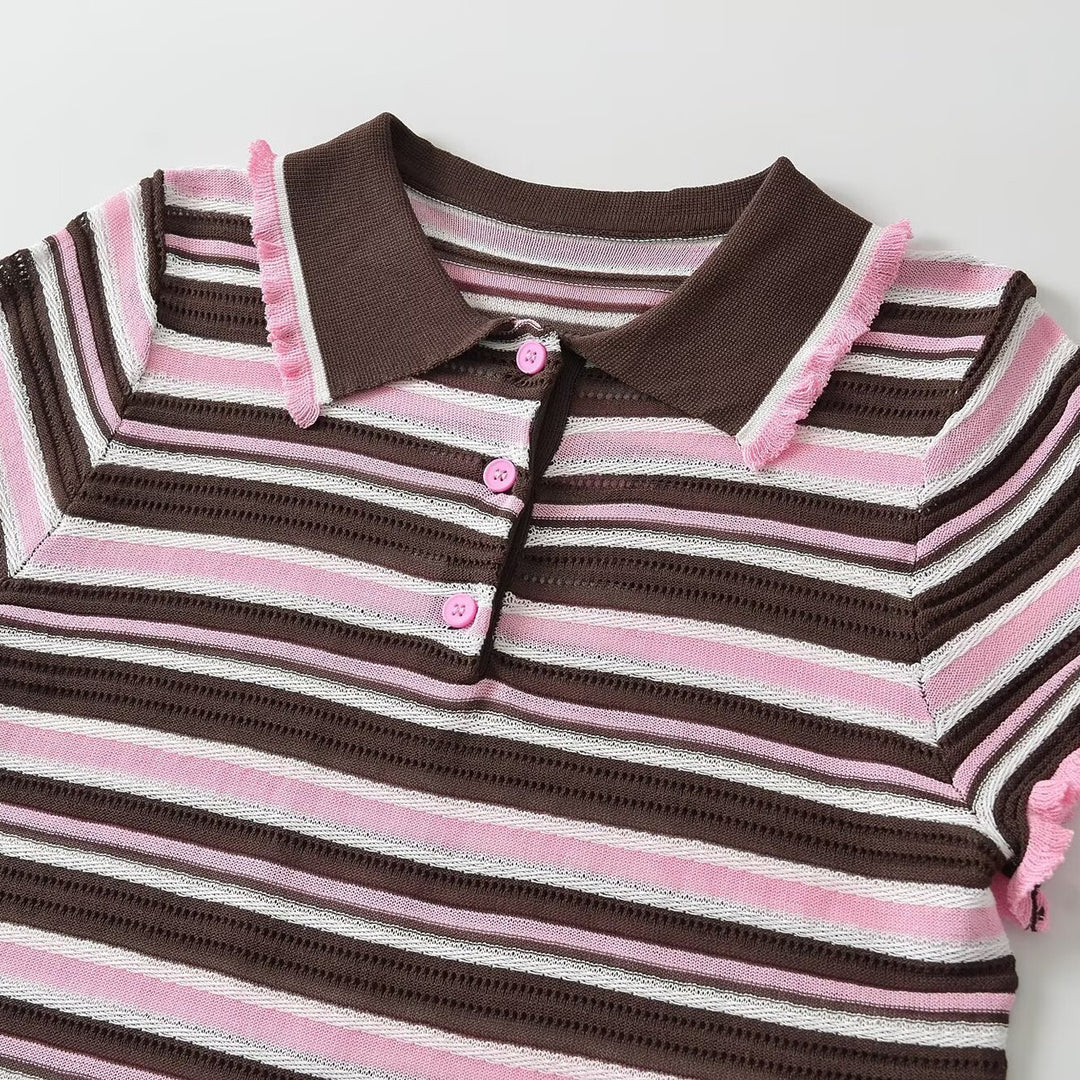 Damen Gestreiftes kurzärmeliges Poloshirt aus Feinstrick mit Rüschenkante und 3‑Knopf‑Leiste Nord Taschen