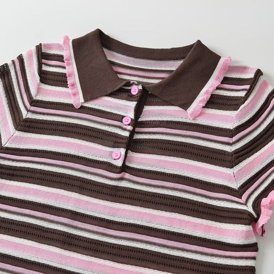 Damen Gestreiftes kurzärmeliges Poloshirt aus Feinstrick mit Rüschenkante und 3‑Knopf‑Leiste Nord Taschen