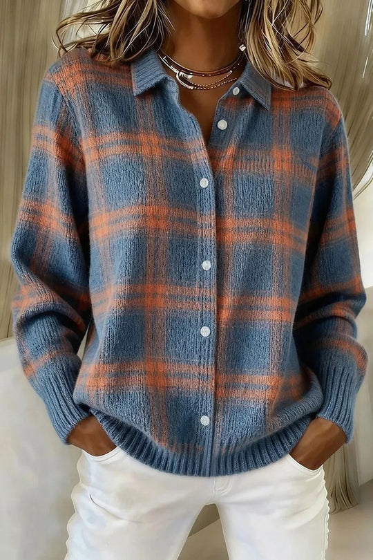 Damen Kariertes Strick-Hemdjacke-Cardigan mit Hemdkragen und gerippten Bündchen Nord Taschen