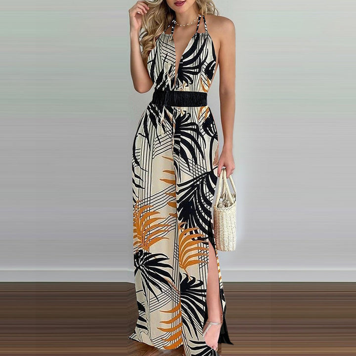 Damen eleganter Jumpsuit mit Spaghettiträgern und hohen Seitenschlitzen
