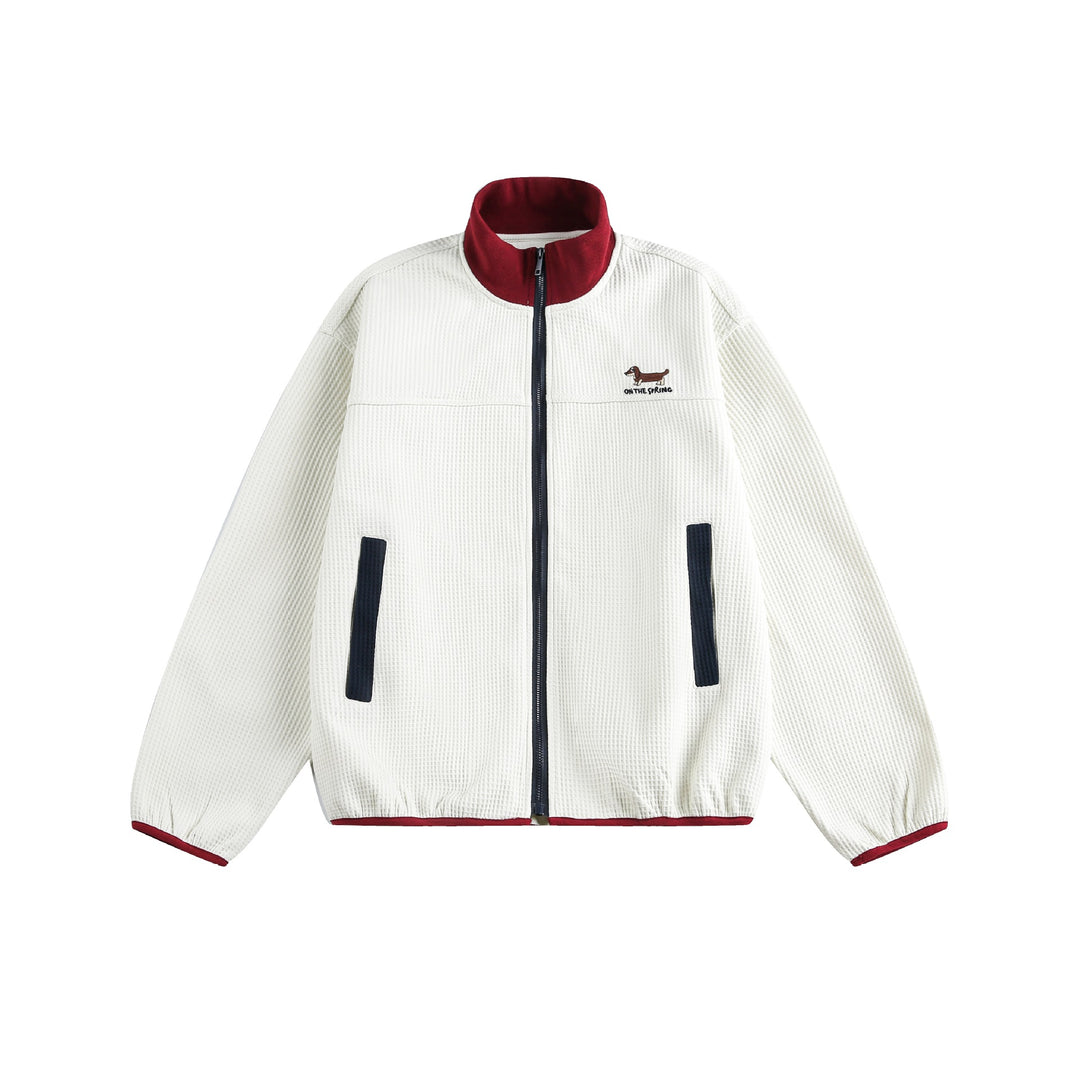 Damen Waffelstruktur Zipjacke im Boxy‑Cut mit Stehkragen und Hundestickerei Nord Taschen