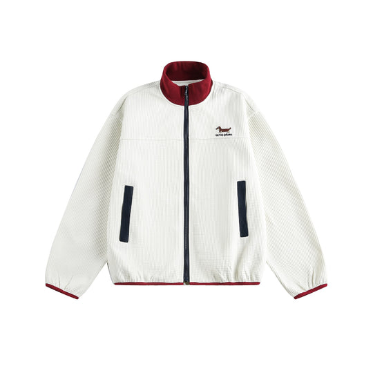 Damen Waffelstruktur Zipjacke im Boxy‑Cut mit Stehkragen und Hundestickerei Nord Taschen