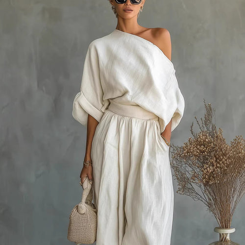 Damen Leinen-Set mit One-Shoulder-Oberteil und weiten Haremshosen Nord Taschen