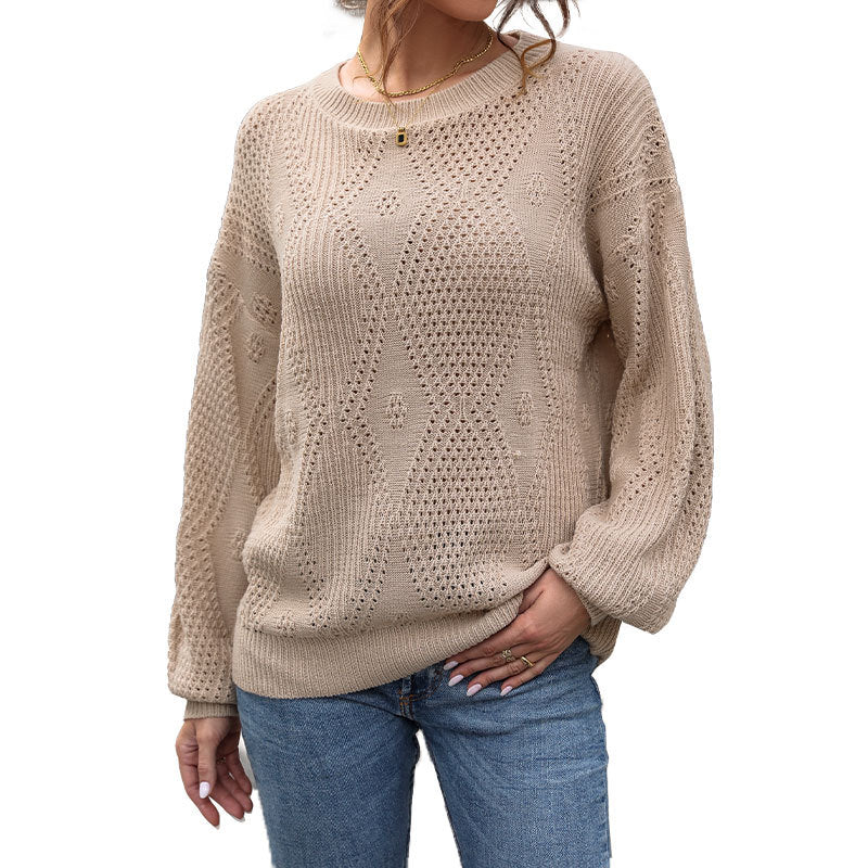 Damen Ajourstrick-Pullover mit Diamantmuster, Oversize-Ballonärmeln und Rundhalsausschnitt Nord Taschen