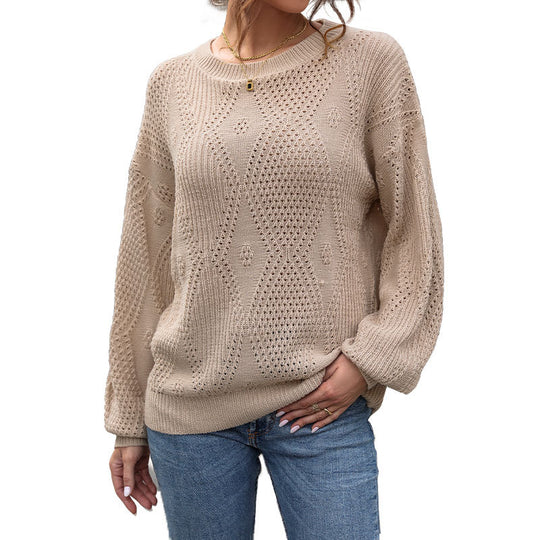 Damen Ajourstrick-Pullover mit Diamantmuster, Oversize-Ballonärmeln und Rundhalsausschnitt Nord Taschen