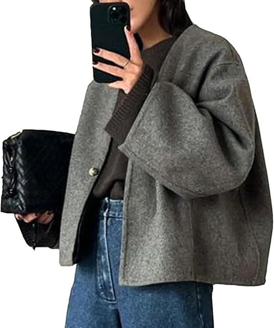 Damen Kurz geschnittene Oversize Wolljacke mit kastigem Schnitt und Ein-Knopf-Verschluss Nord Taschen