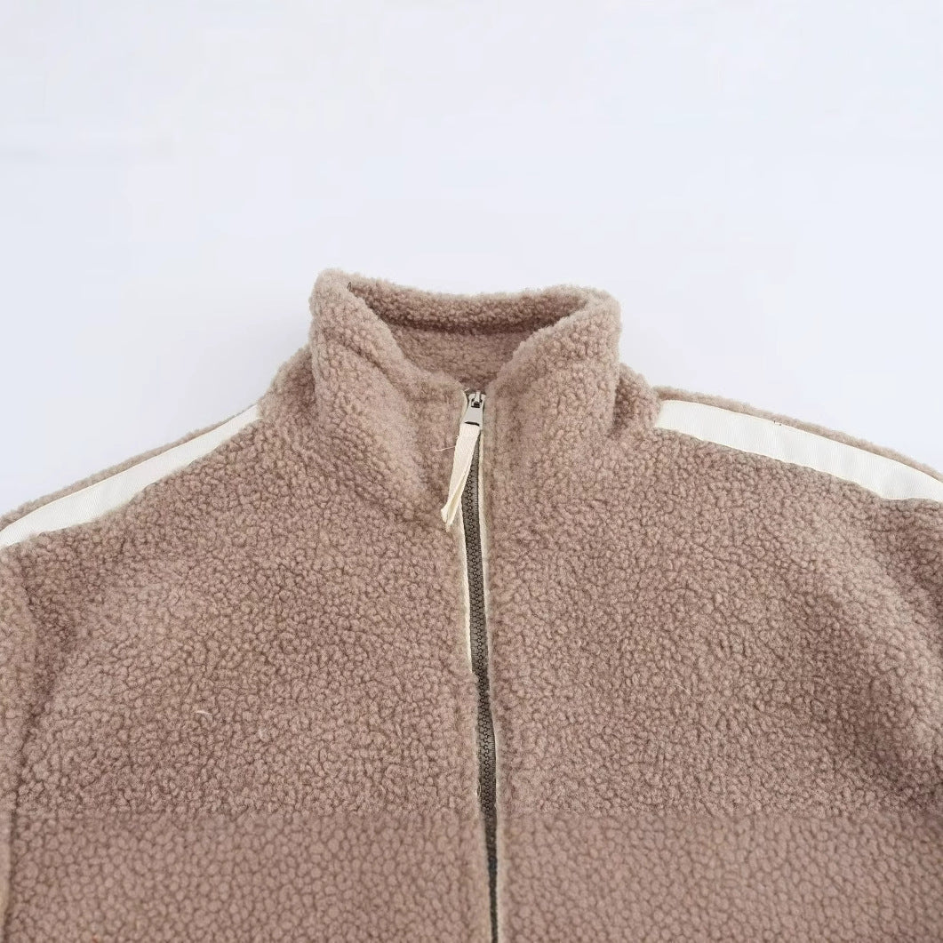 Damen Teddy-Fleece-Jacke mit Stehkragen, Reißverschluss und Kontraststreifen Nord Taschen
