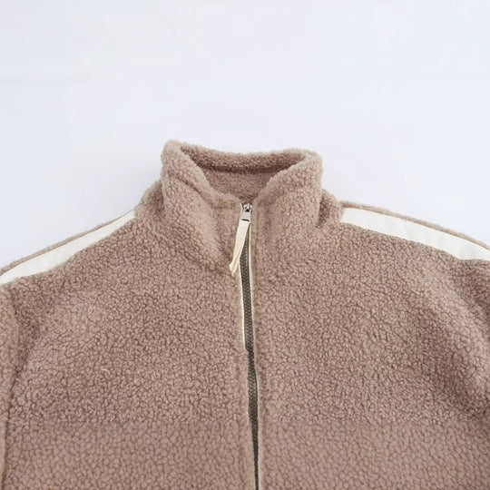 Damen Teddy-Fleece-Jacke mit Stehkragen, Reißverschluss und Kontraststreifen Nord Taschen