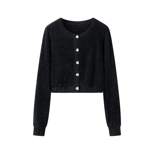 Damen Flauschige Cropped-Strickjacke mit Rundhals und Zierknopfleiste Nord Taschen