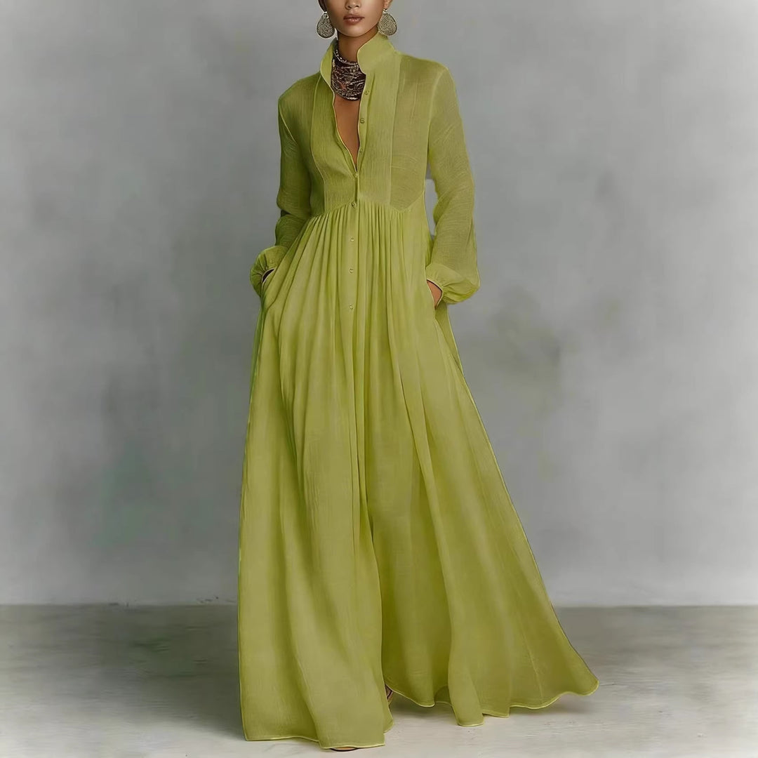 Damen Maxikleid mit Stehkragen, Knopfleiste und seitlichen Taschen Nord Taschen