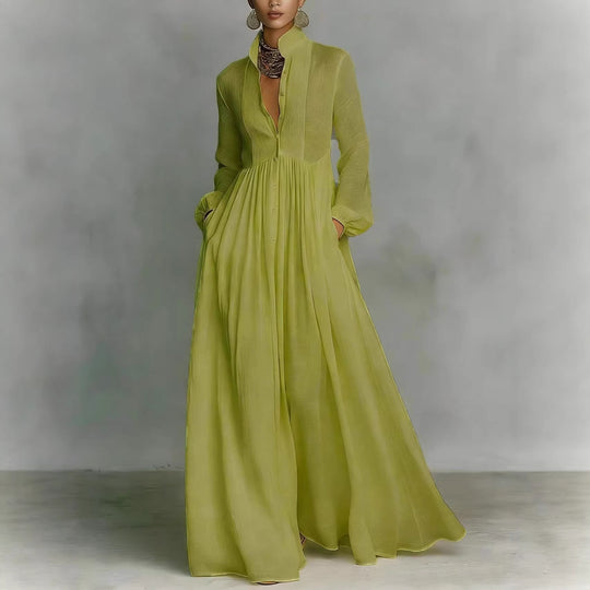 Damen Maxikleid mit Stehkragen, Knopfleiste und seitlichen Taschen Nord Taschen