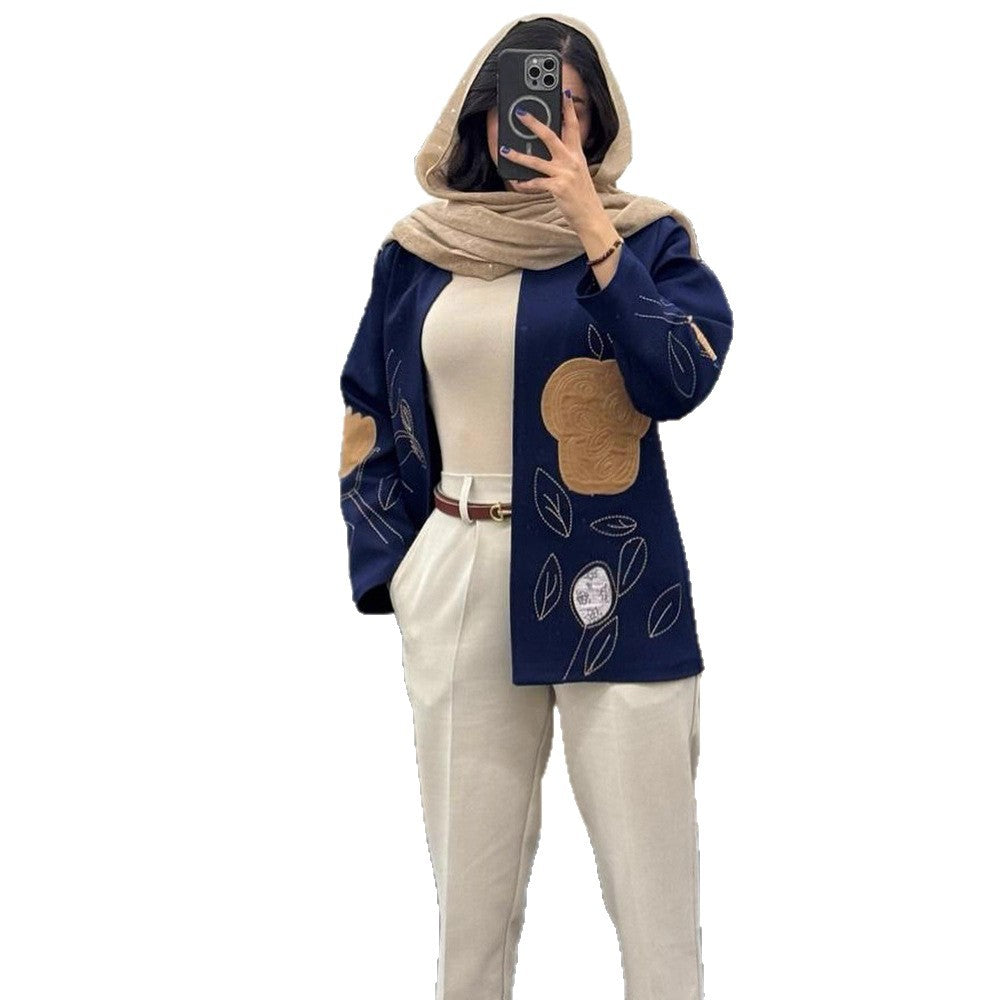 Damen offener Strickblazer mit floraler Stickerei & Applikationen Nord Taschen