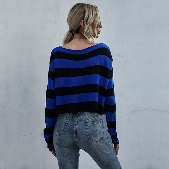 Damen Lässiger Crop-Pullover mit Streifen und Destroyed-Details Nord Taschen