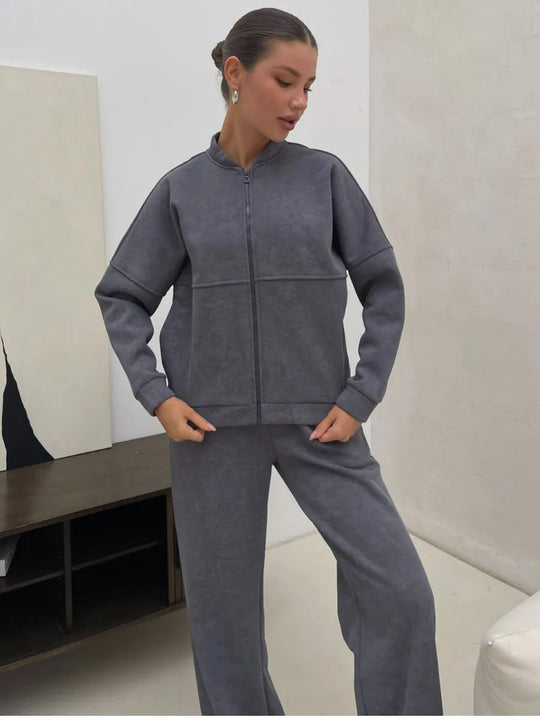 Damen lässiges Zip-Lounge-Set mit Stehkragen und weitem Highwaist-Joggpant Nord Taschen