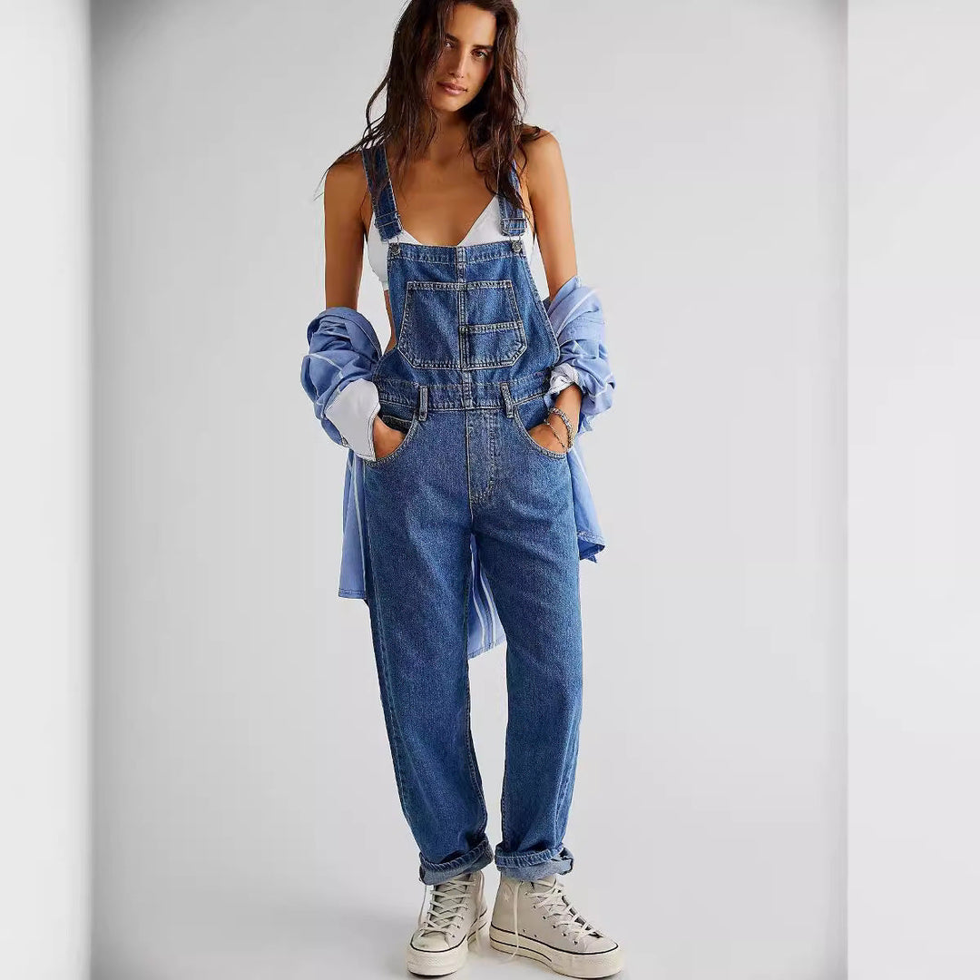 Damen lässige Denim-Latzhose mit praktischen Taschen und verstellbarem Bund Nord Taschen